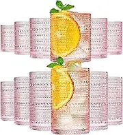 Hobnail Beaded Highball Drinking Tumbler Glasses | Set of 12 | Pastel Pink Color, Vintage Bubble Design Whiskey Glassware, Old-Fashioned, Embossed Design for Water, Wine, Cocktail Embossed Rocks Glass