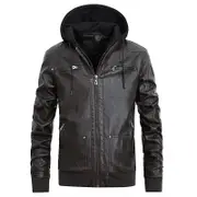 Nevenka Mens PU Leather Jacket with Removable Hood Fleece Lined Coat-Brown