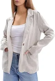 [Amazhiyu] Womens 100% Linen Notched Button Blazer Jackets Long Sleeve Coat Office