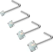 [Ruifan] ASTM F136 Titanium Nose Rings 18G 20G 22G White Opal Nose Studs Ring Screw L-Shaped Bone Hypoallergenic Body Piercing Jewelry for Women 1.5mm 2mm 2.5mm 3mm 4PCS