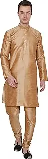 [Royal Kurta] Men's Silk Blended Mandarin Collar Long Kurta Churidar Set (44, Dark Gold)