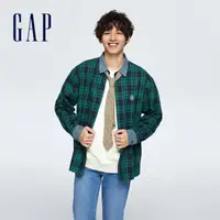 在飛比找momo購物網優惠-【GAP】男女同款 Logo純棉翻領長袖襯衫-綠色格子(87