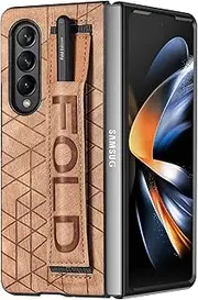 [Omio] for Galaxy Z Fold 4 Leather Case with S Pen Holder & Strap, Wrist Strap Leather Back Cover Hard PC Shockproof Finger Grip Case for Men Women Girls, Brown