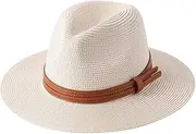 [domoi] New Natural Panama Soft Shaped Straw Hat Summer Women/Men Wide Brim Beach Sun Cap UV Protection Fedora Hat Milky White