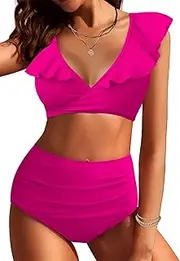 [AI'MAGE] Women High Waisted Bikini Sets Tummy Control Swimsuits Ruffle Sleeve Two Piece Bathing Suit V Neck Swimwear S-XXL