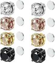 [LIUZHIPENG] 4 Pairs Stainless Steel Magnetic Stud Earrings for Women Men Unisex Cubic Zirconia Ear Studs Non-Piercing Clip On Ear Fake Body Piercied Jewelry 8MM