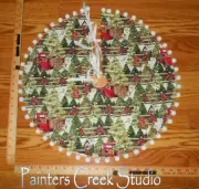 RED TRUCK, PINE TREES & FENCES Handmade Mini Tree Skirt, 20" dia, CHRISTMAS