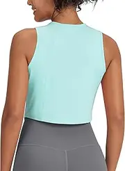 [G4Free] Workout Tank Tops for Women Cropped Gym Shirts High Neck Moisture Wicking Running Tshirts Basic Tees Tennis Tank(Light Blue,M)