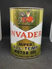 Vintage Invader Motor Oil Can FULL Gold U.S. Quart Super All Temp GREAT GRAPHICS
