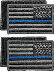 (2-Pack) USA American Flag Patch 3 x 2 Templar Armoury - Police - Embroidered - Hook and Loop - United States of America - Uniform - US Flag Patch - Black and Silver with Blue Line (Right Side)