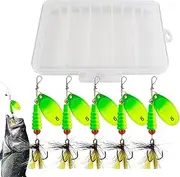Hogvinnatil Fishing Spinner Bait, Fishing Bait Kit, Sequin Metal Bait with Feathered Hooks, 5 x Spinner Bait, Jigs with Tackle Box, Fishing Accessories for Bass Trout Salmon Walleye