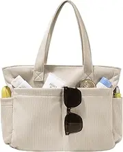 [LOTEZAVA] Corduroy Bag Women's Shopping Bag Large Tote Bag Shoulder Bag with Zip Multiple Pockets Handbag for Shopping, Work, Office, School, Travel and Daily Use