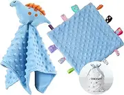 CREVENT Cozy Plush Baby Security Blanket Loveys for Baby Boys, Minky Dot Front + Sherpa Backing with Animal Face (Blue Dinosaur + Tag)