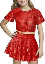 [FEOYA] 2Pcs Kids Girls Shiny Metallic Short Sleeve Crop Top with Pleated Skirt Set Round Neck Dancewear Performance Costumes