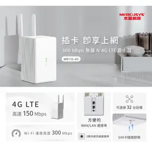 Mercusys水星網路 MB110-4G 4G分享器 300 Mbps 無線 N 4G LTE 路由器 隨插即用