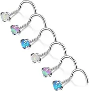 [ZS] 5/6 Pieces Opal Nose Studs 20 Gauge Nose Pin Blue Nose Piercing Stud Stainless Steel Nose Stud Retainer L-Shape