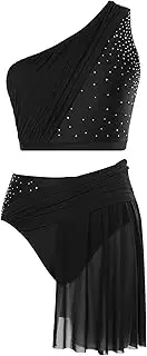 [Moggemol] Women Elegant Lyrical Ballet Dance Performance Costume Rhinestone Mesh Overlay Crop Top with Leotard Skirted