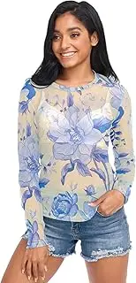 [ODAWA] Vintage Blue Floral Long Sleeve Sheer Blouse Mesh Crop Tops for Women Girls