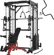 RitKeep PMAX-5600 Professional Fitness Smith Machine with 326lb Weight Stacks, 6 in 1 Home Gym Power Cage with Smith Bar, and Two LAT Pull-Down Systems (Black with Red Bench)