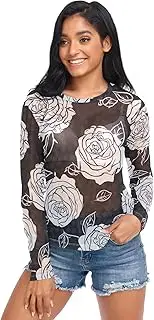 [ODAWA] White Roses Black Long Sleeve Sheer Blouse Mesh Crop Tops Comfortable Shirt for Women, White Roses Black, Large