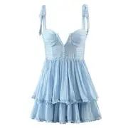 Tie-Shoulder Plain Shirred Mini A-Line Layered Dress Blue - L
