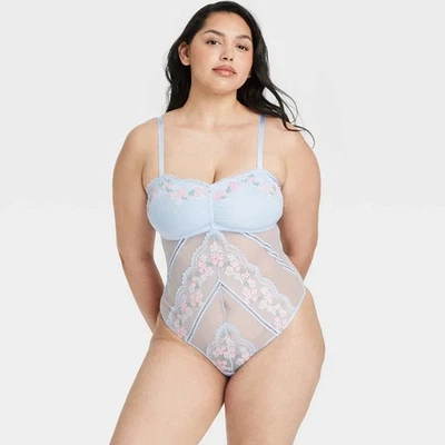 Women's Unlined Garden Party Lingerie Bodysuit Thong - Auden Light Blue Size L