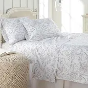 [Southshore Fine Living, Inc.] Winter Brush Collection, 4-Piece Floral Bedding Set, Flat White Sheet, 14" Deep Pocket Full Size Fitted Sheet and Pillow Cases, White Sheets, Grey Flowers, Floral Sheets