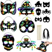 MGparty Halloween Crafts, 24PCS Halloween Rainbow Scratch Mask, Magic Scratch Paper Art for Kids Birthday Classroom Decoration for Halloween Party Favors Gifts Party Games Projects Kits