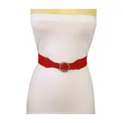Women Red Elastic Skinny Evening Suit Dress Belt Gold Circle Metal Buckle S M