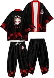 [Kelukes] Men's Japanese Style Kimono Tops Pants Sets Chinese Robes Kimono Pajamas Suit Seven Sleeves Cardigan & Shorts, Style-11, 3X-Large