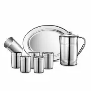 Stainless Steel 8 Pcs Lemon Set 6 Glass 1 Jug Pitchers 1 Tray Plain Serveware