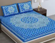 Blue 120 TC Cotton Blend Printed Bedsheet Double Bed King Size + 2 Pillow Covers