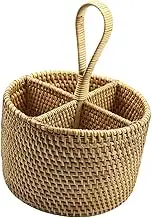 Perfk Utensil Holder Condiment Organizer Container Basket with 4 Compartments Tableware Storage Holder Rattan Woven for Dining Room, Round