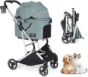 T4 Pro Pet Stroller for Small Medium Dogs Cats, 4 Wheels Foldable Dog Pram Pet Pram Dog Pushchair with Pad & Cup Holder, Mesh Side Travel Dog Stroller Buggy Trolley, Beige