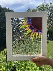 Handmade Signed Glass Resin Sun Burst Wall Art Blue Red Yellows.