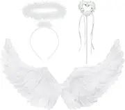 Angel Wings and Halo with Fairy Wand - 3 Piece Angel Costume Fairy Wings Halloween Fallen Angel Costume - Adult Angel Wings, Halo Halloween Headband Halloween Costumes