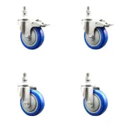 4 Inch 316SS Blue Polyurethane 12mm Threaded Stem Caster Set 2 Lock Brake