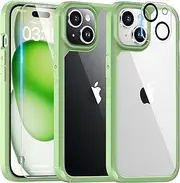 TAURI 5 in 1 for iPhone 15 Case 6.1" with 2-Pack Screen Protector and Camera Lens Protector, Military-Grade Protection, [Anti-Yellowing] Shockproof Phone Cover - Green