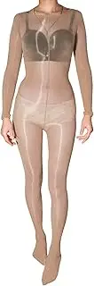 [LESOYA] Plus Size Women Shiny Glossy Nylon Sheer Bodystocking High Elastic Long Sleeve Bodysuit Nylon Catsuit