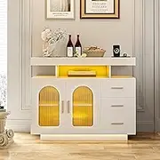Advwin Sideboard Buffet Cabinet with 3 Drawers and 2 Doors, Storage Cabinet with 20 Color LED Lights and Wireless Charging Station, Kitchen Living Room Console Table, White