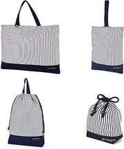 [COLORFUL CANDY STYLE] NW407600 4-piece Set, Reversible Hickory Stripe, Navy Blue, School Preparation, Lesson Bag, Shoe Case, For Kids, Drawstring Bag, Girls