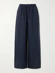 [Self-Portrait] Self-Portrait - Crystal-embellished Pinstriped Wide-leg Crepe Pants - Navy - UK 8 UK 8 Blue