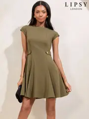 Lipsy Khaki Green Button Side Mini Skater Dress (F27456) | $56