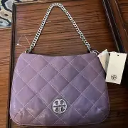 NWT Tory Burch Willa Zip Top Shoulder Bag Quilted Allium Purple with Chain Strap