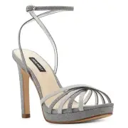 NINE WEST - LORELLE, Silver glitter ankle strap platform sandals, 4.75", SZ 8.5