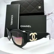 New Chanel Sunglasses Black Rectangle Square Gold CC Logo Womens Authentic