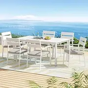 Gardeon 7 pcs Outdoor Dining Set, Aluminium Garden Setting Table and Chairs, 6 Seater Patio Conversation Sets Extendable Tables Furniture Backyard, Weather-Resistant White with 6 Foam Cushions