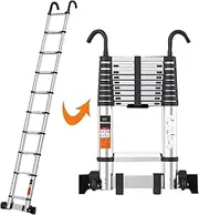 Telescopic Ladders 2.7m/3.5m/3.9m/4.7m/5.1m/5.5m/5.9m/6.3m/7.1m Telescoping Ladder with Hooks, Aluminum Telescopic Foldable Climb Extension Ladders, Black