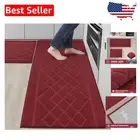 Geometric Burgundy Kitchen Rug Set - 2 Washable Non-Slip Mats, Modern Style