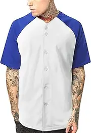 [Hat and Beyond] Mens Premium Baseball Jersey Button Down Raglan Short Sleeve Shirt (Small, 1up02_White/Royal Blue)